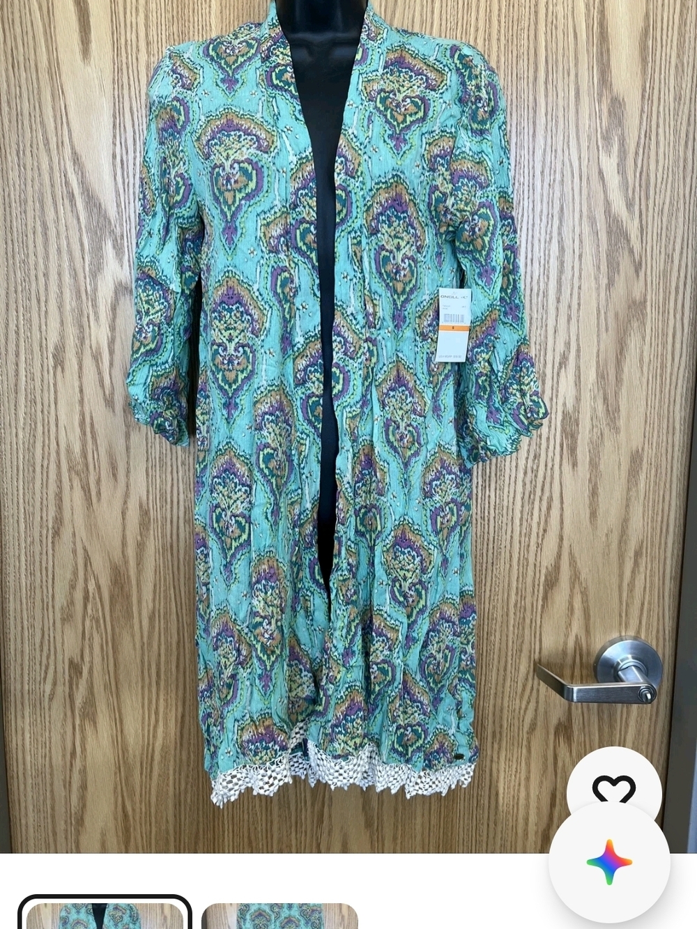 O'Neill Teal Paisley Open Front Kimono with Crochet Hem